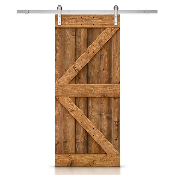 CALHOME K Series 30 in. x 84 in. Solid Walnut Stained DIY Knotty Pine Wood Interior Sliding Barn Door with Hardware Kit