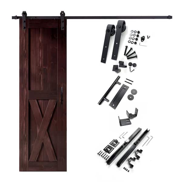HOMACER 26 in. x 84 in. X-Frame Red Mahogany Solid Pine Wood Interior Sliding Barn Door with Hardware Kit, Non-Bypass