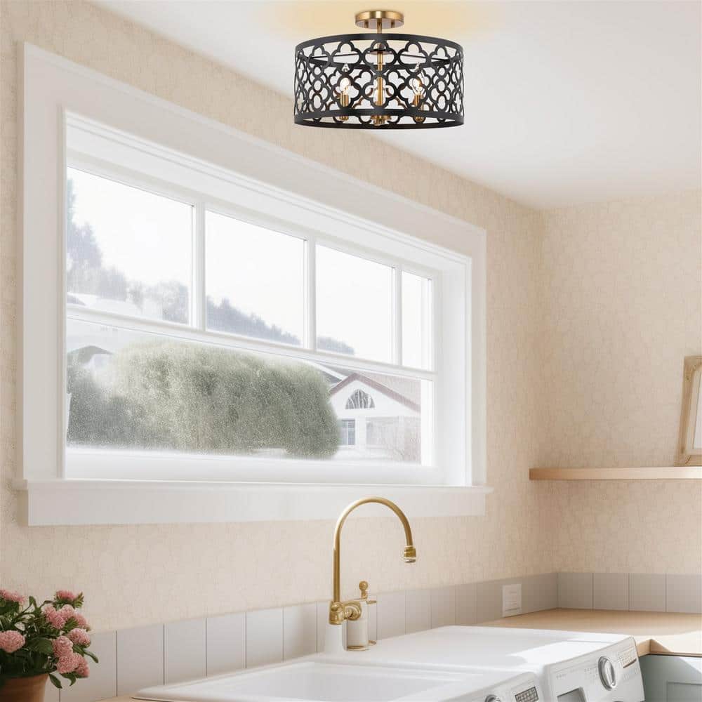 Sutton 16" Modern Drum Ceiling Light in Black & Warm Brass