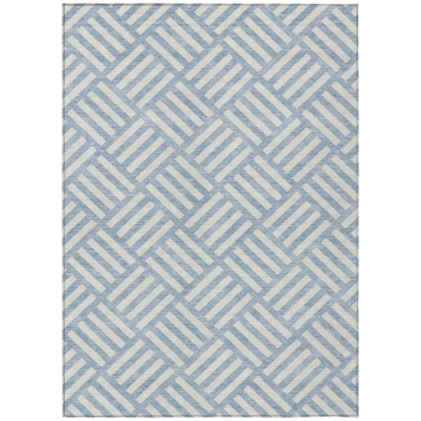 Sky Blue, Ivory 9 ft. x 12 ft. Woven Geometric Polyester Rectangle Indoor/Outdoor Area Rug