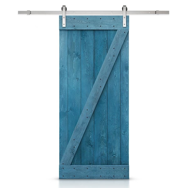 CALHOME Z Bar Series 30 in. x 84 in. Pre-Assembled Ocean Blue Stained Wood Interior Sliding Barn Door with Hardware Kit