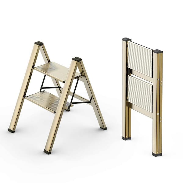 Reach 23.6 in. 300 lb. Aluminum Gold 2-Step Ladder, Portable Folding Ladder with Anti-Slip Wide Pedal for Kitchen Office