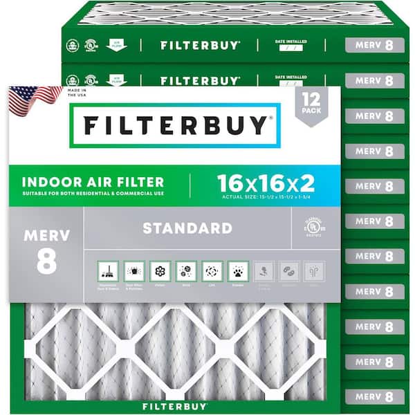 16 in. x 16 in. x 2 in. MERV 8 (FPR 5) Dust Defense Pleated HVAC AC Furnace Air Filters Replacement (12-Pack)