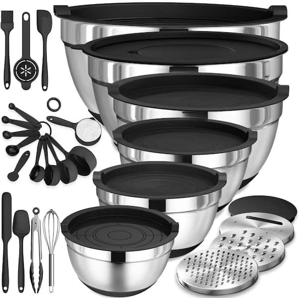 26-Piece Stainless Steel Black Mixing Bowl Set with Airtight Lids, Graters and Non-Slip Bottoms for Mixing, Serving