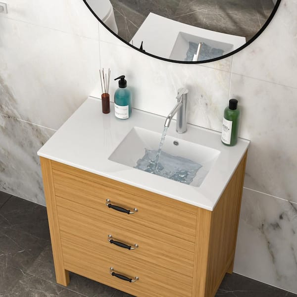 32.00 in. W x 18.00 in. D Rectangular Ceramic Vanity Top in White with Overflow and a Spacious Left Countertop