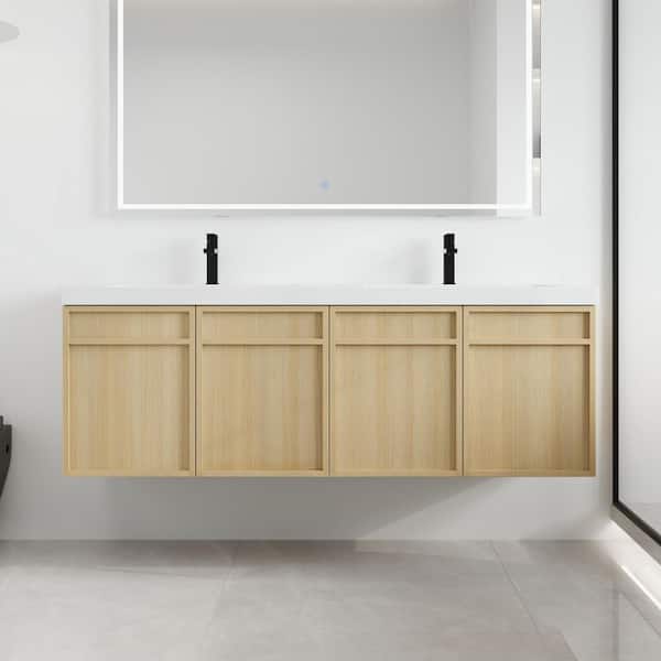 59.06 in. W x 19.69 in. D x 20.88 in. H Wall Mounted Bath Vanity in Light Oak with White Resin Vanity Top