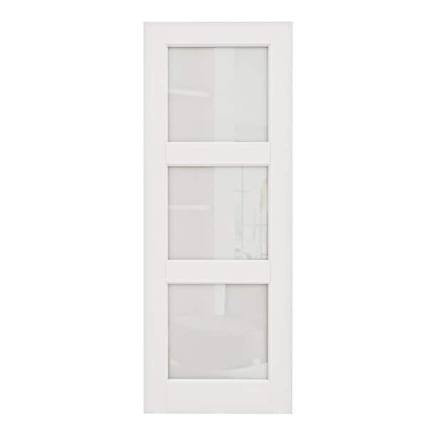 30 in. x 80 in. 3-Lite Tempered Frosted Glass White Primed Solid Core Manufacture Wood Interior Door Slab
