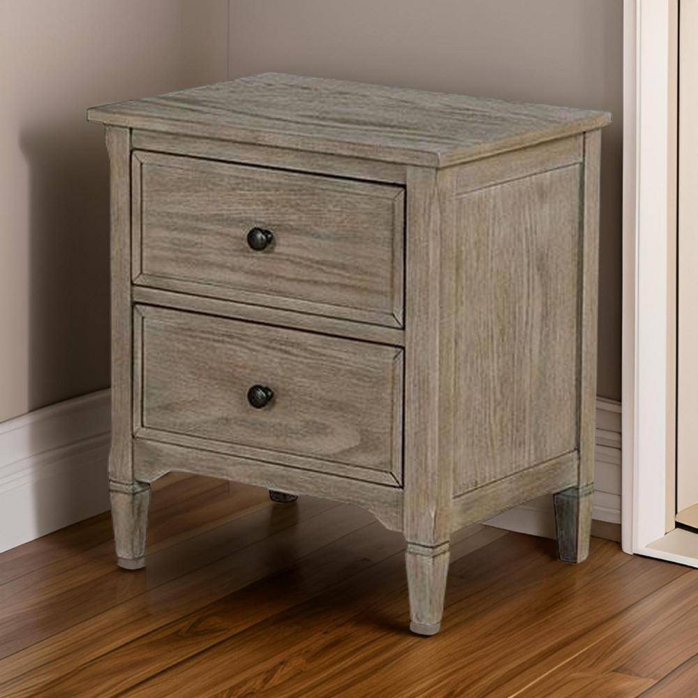 Transitional Rustic Wire-Brushed Gray Wooden 2-Drawer Nightstand