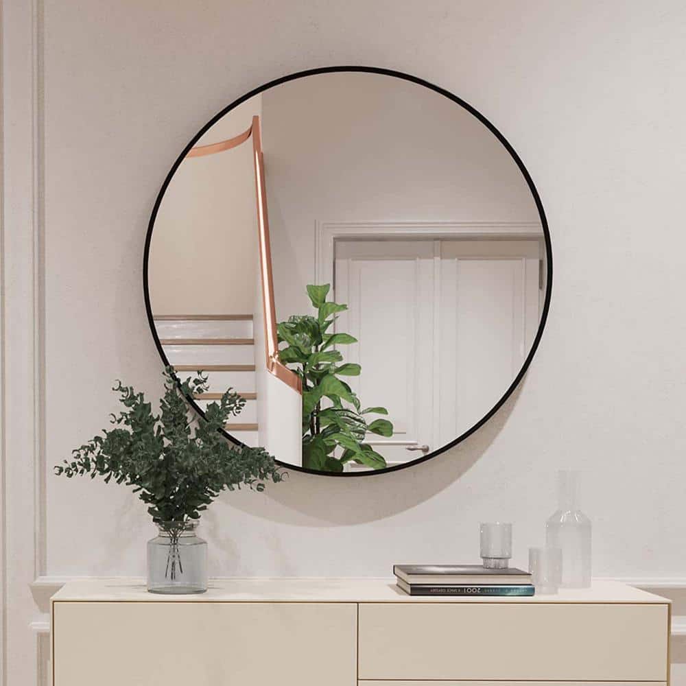 seafuloy 32 in. w x 32 in. h black round wall mirror, metal framed