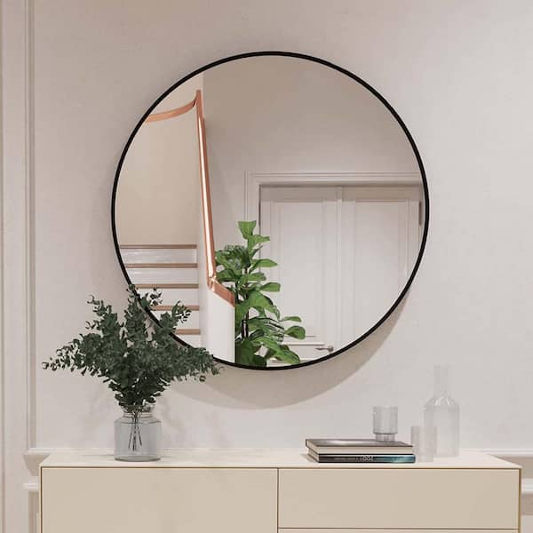Seafuloy 32 in. W x 32 in. H Black Round Wall Mirror, Metal Framed Circle Mirror for Bedroom, Living Room, Bathroom, Entryway