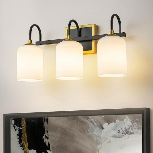 Kylin 19.1 in. 3-Light Matte Black and Brass Linear Vanity Light with Cylinder Opal Glass Shades