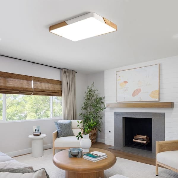 Lumin 34.6 in. W White & Wood Integrated LED Flush Mount Minimalist Rectangular Ceiling Light for Living Room