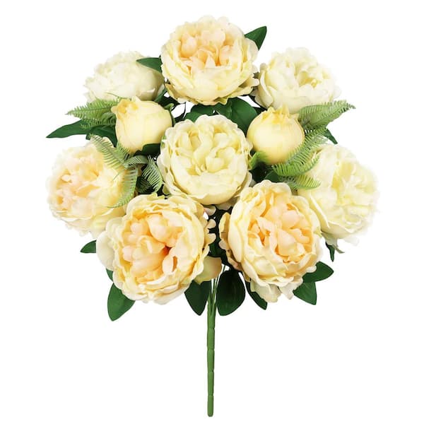20 in. Champagne Ivory Artificial Lush Peony Flower Stem Bush Bouquet (Set of 2)