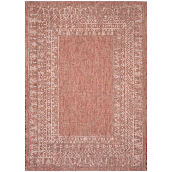 Courtyard Red/Beige 8 ft. x 11 ft. Border Ornate Indoor/Outdoor Area Rug