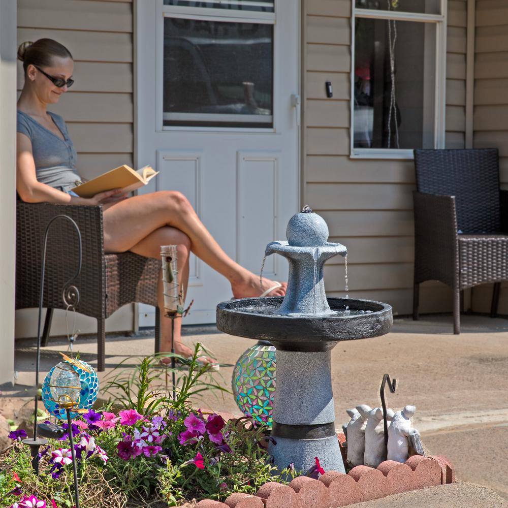 Contemporary Gray and Black Polyresin Outdoor Water Fountain with LED Light