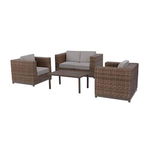 Fernlake 4-Piece Brown Wicker Outdoor Patio Deep Seating Set with CushionGuard Stone Gray Cushions