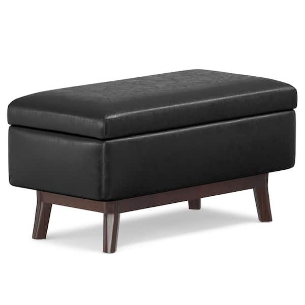 Simpli Home Owen 36 in. Wide Mid Century Modern Rectangle Small Storage Ottoman in Distressed Black Vegan Faux Leather, Assembled