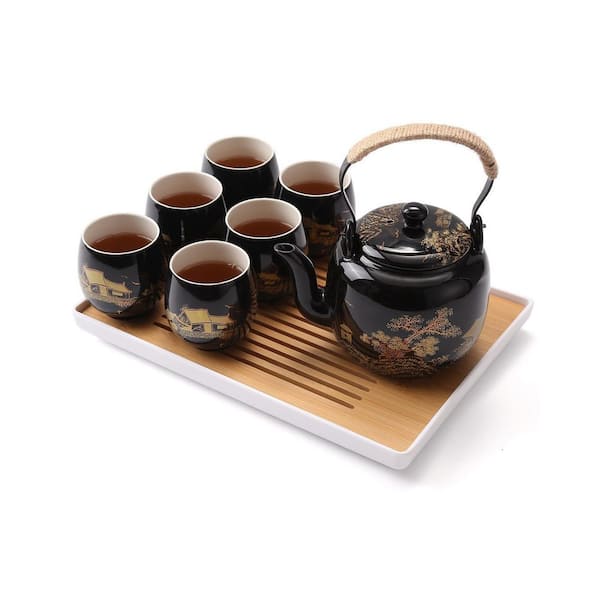 4-Cup Black Porcelain Tea Set with 1-Teapot Set, 6-Teacups, 1-Tea Tray, and 1-Stainless Infuser
