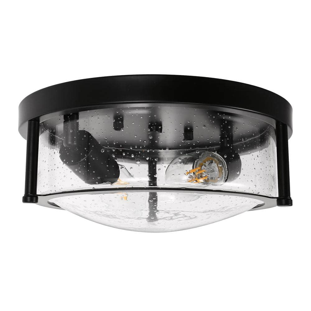 Yansun 11 In. 2-light Black Industrial Flush Mount With Seeded Glass 