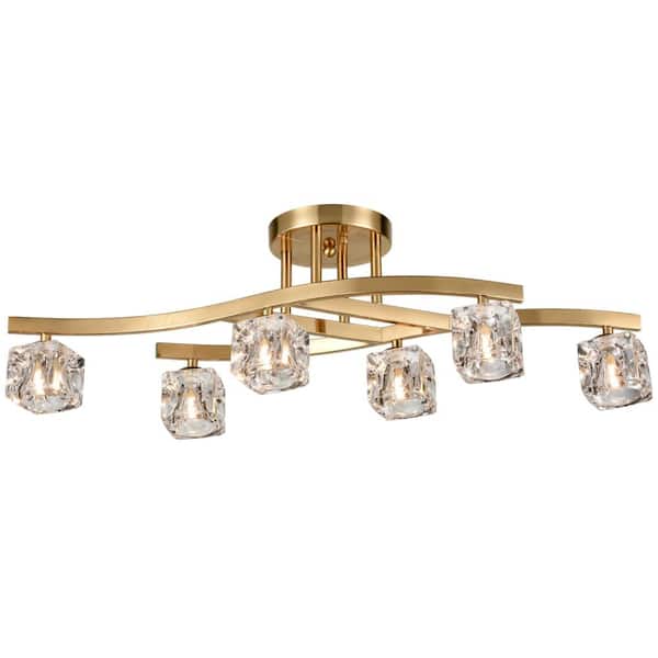 CLAXY 10 in. 6-Light Gold Modern Semi-Flush Mount with Crystal Shade and No Bulbs Included 1-Pack