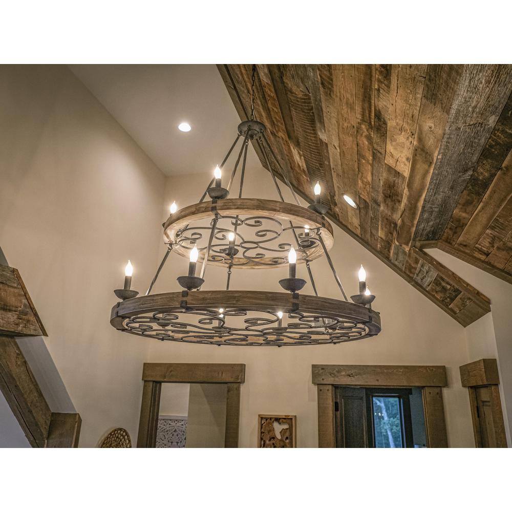 Two-Tier Brown Distressed Wood and Metal Empire Chandelier