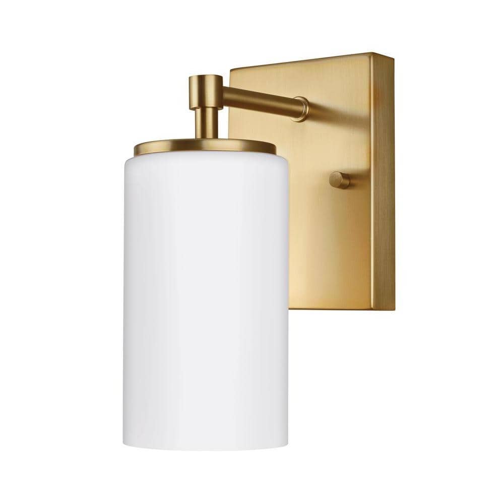 Satin Brass and Bronze Dimmable Wall Sconce with Etched Glass Shade