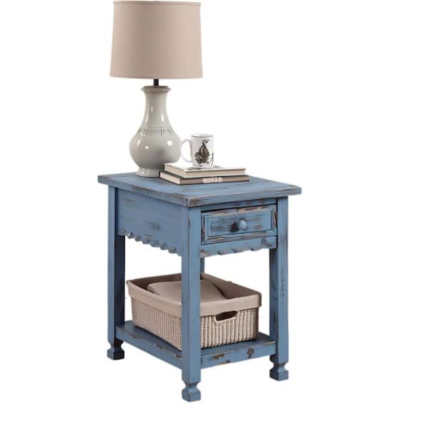 Alaterre Furniture Country Cottage 23 in. Wood End Table with Drawer, Rectangular Antique Blue Farmhouse Side Table or Rustic Nightstand