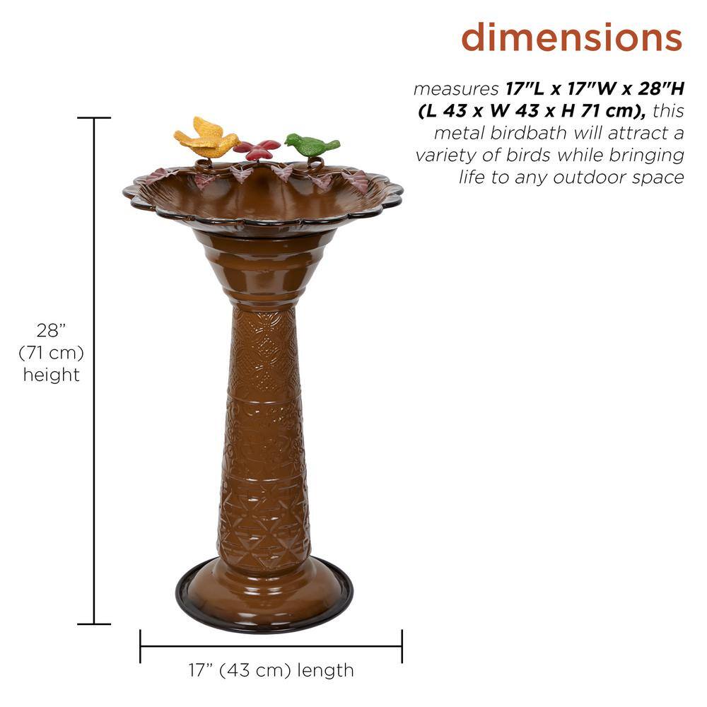 Brown Metal Pedestal Birdbath with Floral Basin, 28"