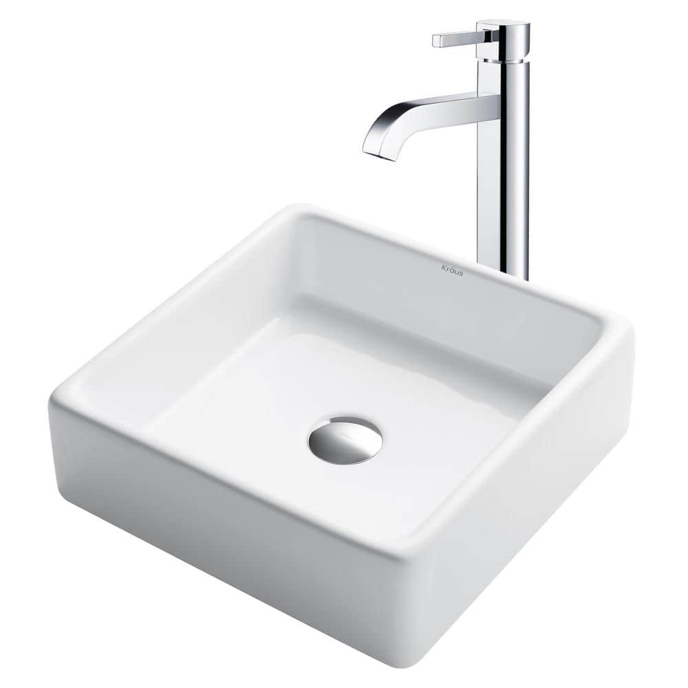 White Ceramic Square Vessel Sink with Chrome Faucet