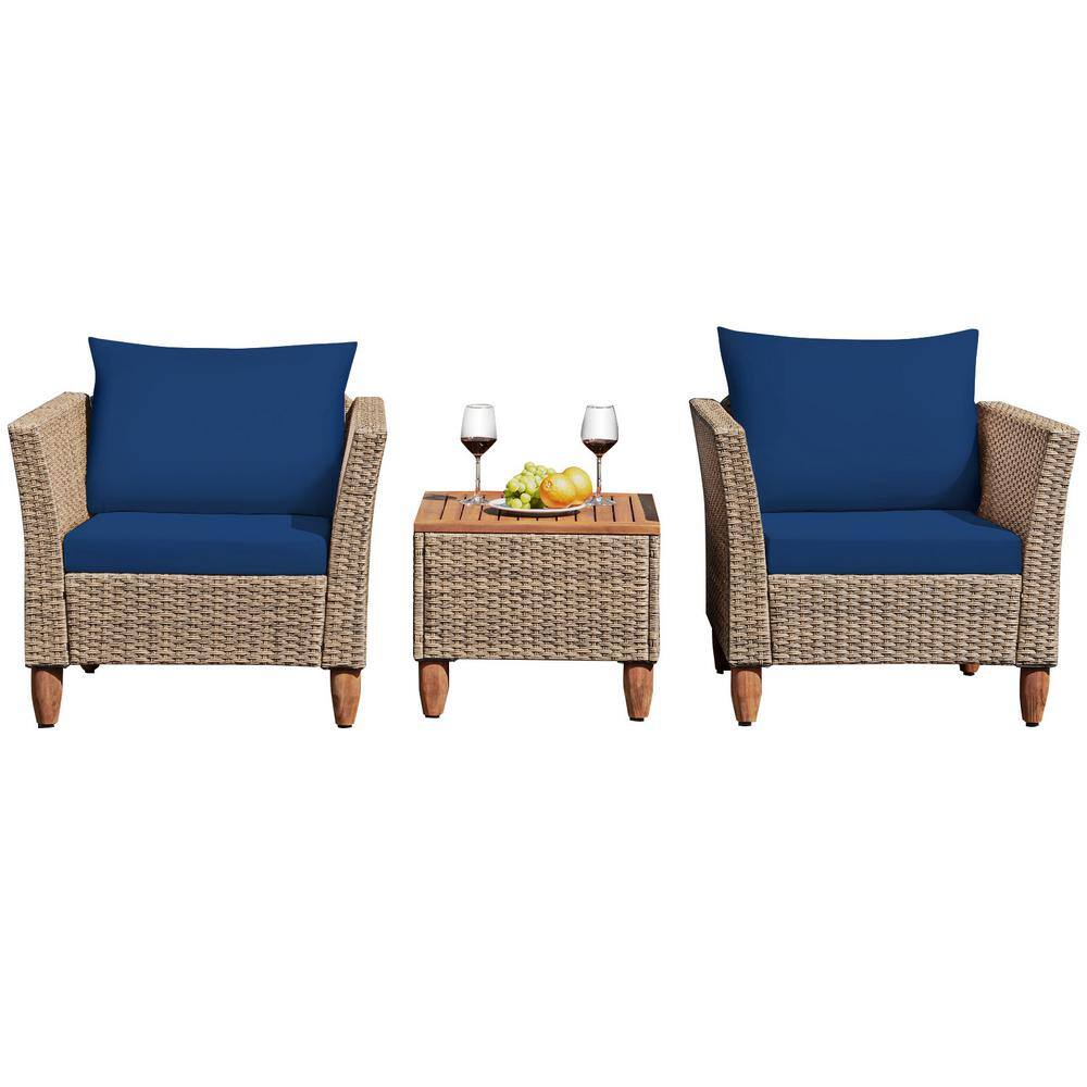 Brown 3-Piece Wicker Patio Conversation Set Outdoor Rattan Sofa Set with Navy Cushions price history on PriceWatchPro