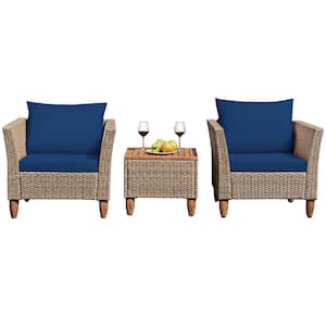 Brown 3-Piece Wicker Patio Conversation Set Outdoor Rattan Sofa Set with Navy Cushions
