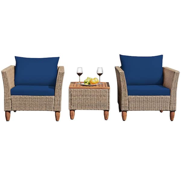 HONEY JOY Brown 3-Piece Wicker Patio Conversation Set Outdoor Rattan Sofa Set with Navy Cushions