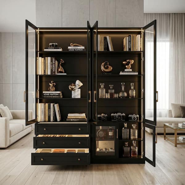 Black Wood 63 in. W Sideboard Kitchen Cabinet with Doors, LED Lights, Drawers, Adjustable Shelves