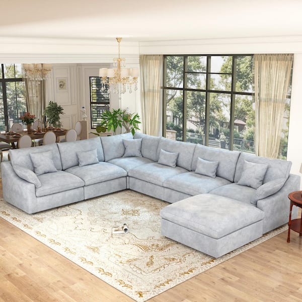 155.9 in. Square Arm 7-Piece Linen Down Modular Free Combination Sectional Sofa with Ottoman, Removable Covers in Gray
