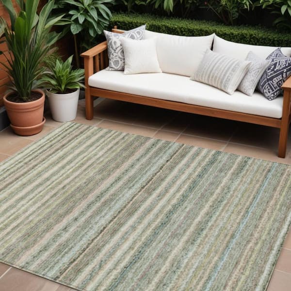 Sage, Mint Green, Beige 10 ft. x 14 ft. Woven Striped Polyester Rectangle Indoor / Outdoor Area Rug