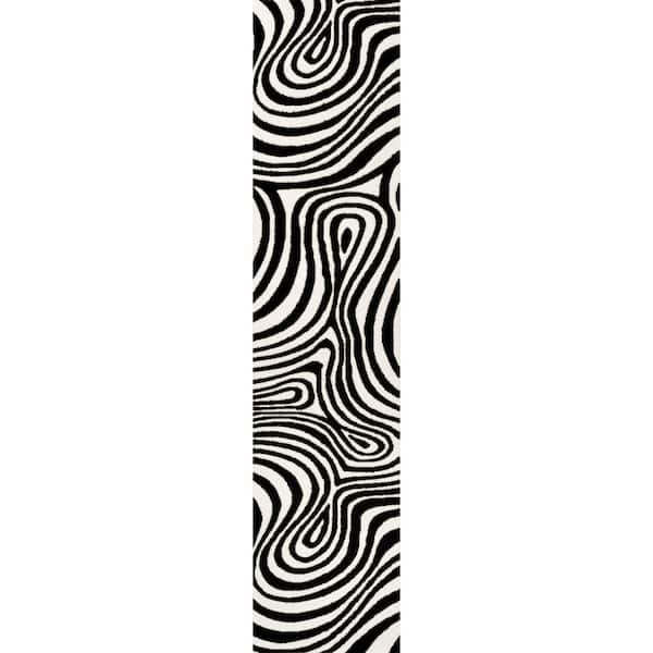 Maribo High-Low Abstract Groovy Striped Black/White 2 ft. x 8 ft. Runner Rug