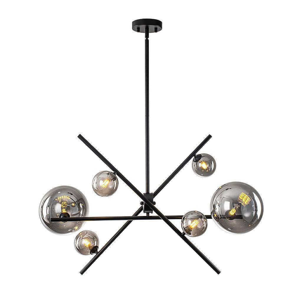 30 in. 6-Light Modern Matte Black Branch Chandelier with Smoke Gray Electroplated Globes price history on PriceWatchPro