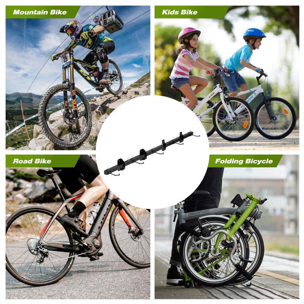 68-Inch Black Steel Wall Mount Bike Storage Rack with Adjustable Hooks