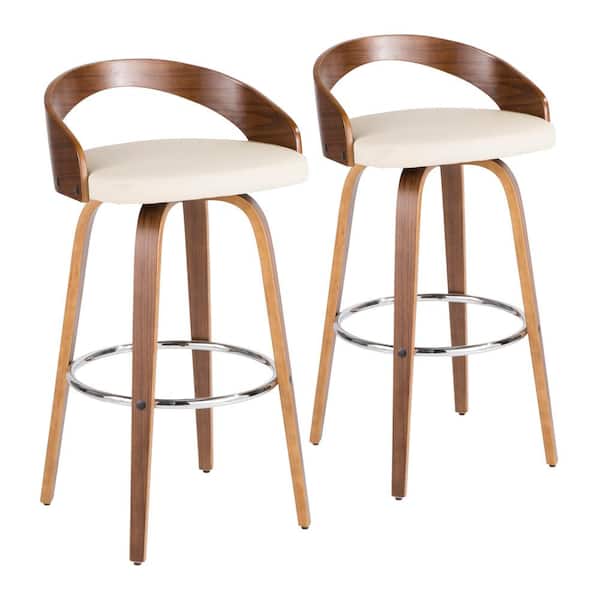 Lumisource Grotto 29 In Walnut And, Cream Leather Bar Stool