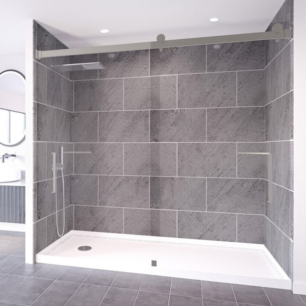 Slate Grey-Tetherow 60 in. x 32 in. x 99 in. Floor/Ceiling Base/Wall/Door Alcove Shower Stall/Kit Brushed Nickel Left