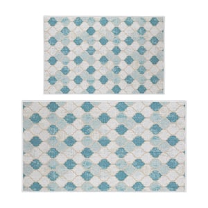 Moroccan Beige/Blue 44 in. x 24 in. and 31.5 in. x 20 in. Washable, Thin, Multipurpose Kitchen Rug Mat (Set of 2)