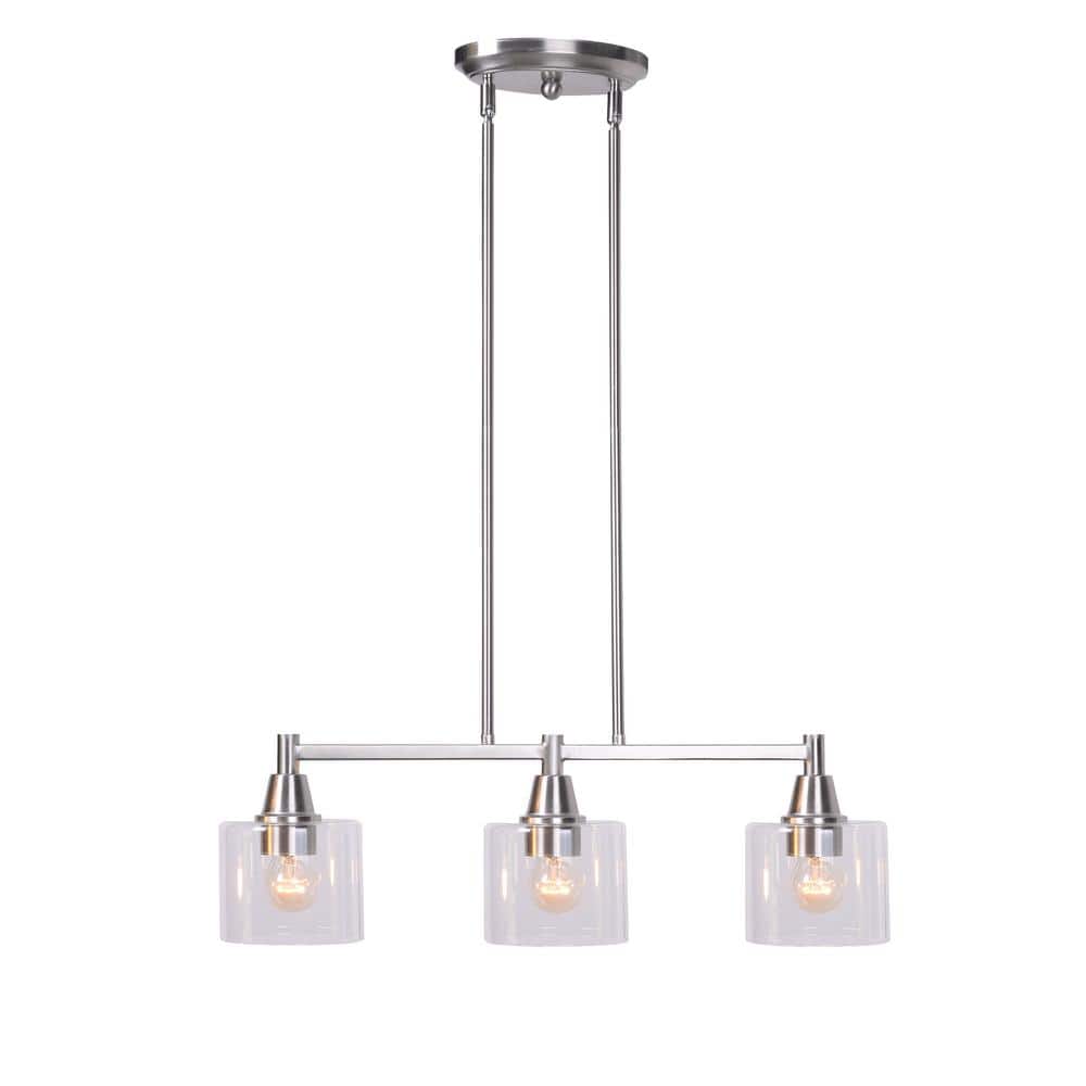 Hampton Bay Oron 3-Light Brushed Nickel Linear Island Pendant Hanging Light, Kitchen Lighting with Clear Glass Shades -  HDP12070BN