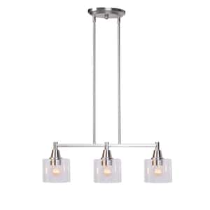 Oron 3-Light Brushed Nickel Linear Island Pendant Hanging Light, Kitchen Lighting with Clear Glass Shades
