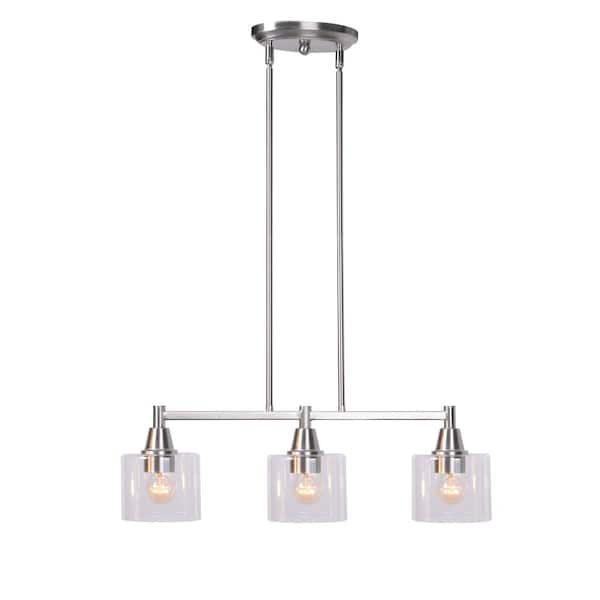 Oron 3-Light Brushed Nickel Linear Island Pendant Hanging Light, Kitchen Lighting with Clear Glass Shades