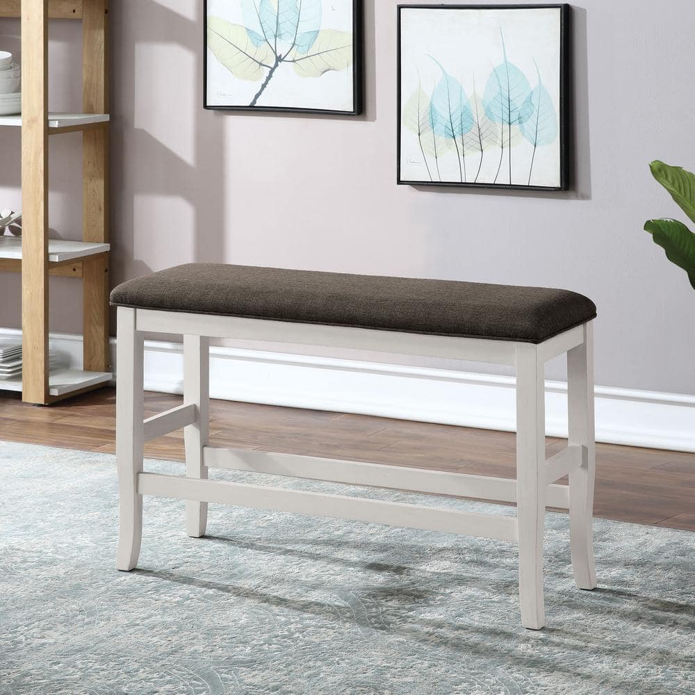 Off-White and Brown Fabric Counter Height Bench with Footrest