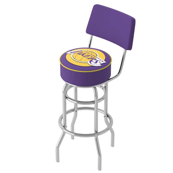 Unbranded Los Angeles Lakers Logo 31 in. Yellow Low Back Metal Bar Stool with Vinyl Seat