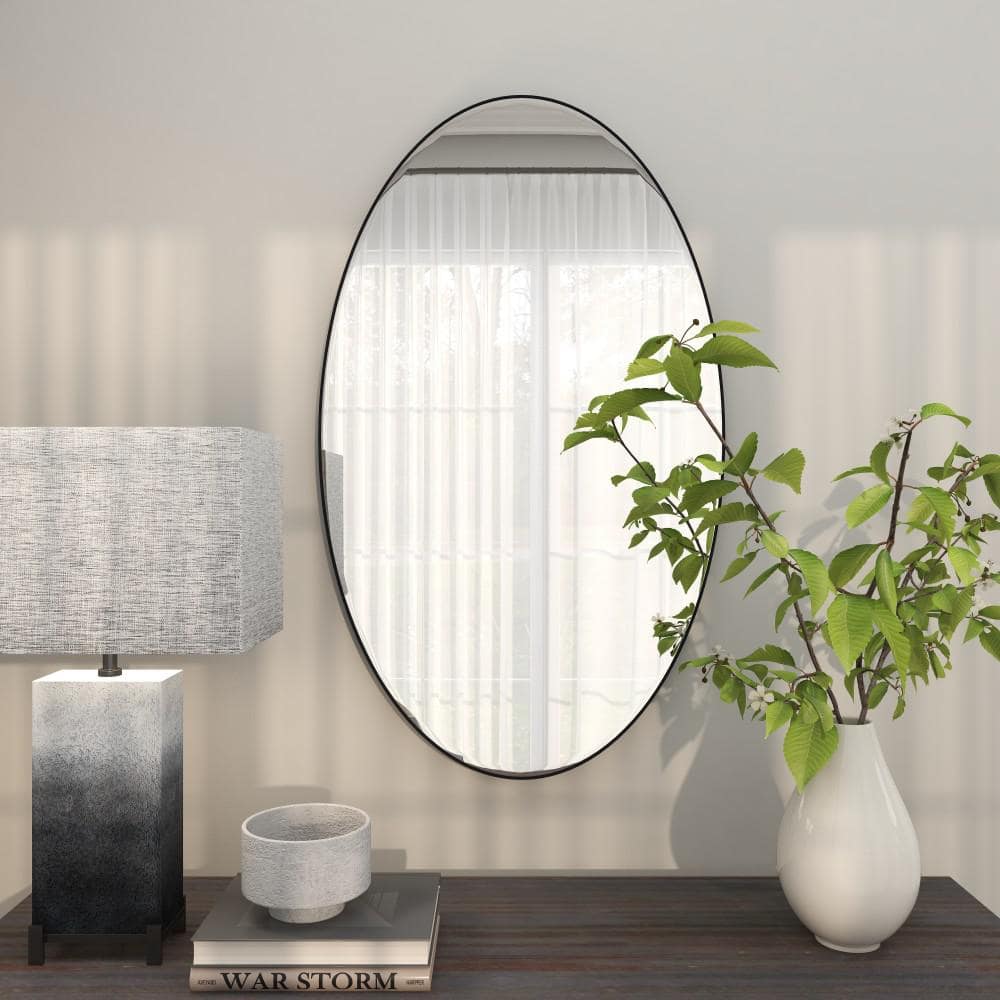 Modern Oval Black and Silver Wood Framed Dresser Mirror