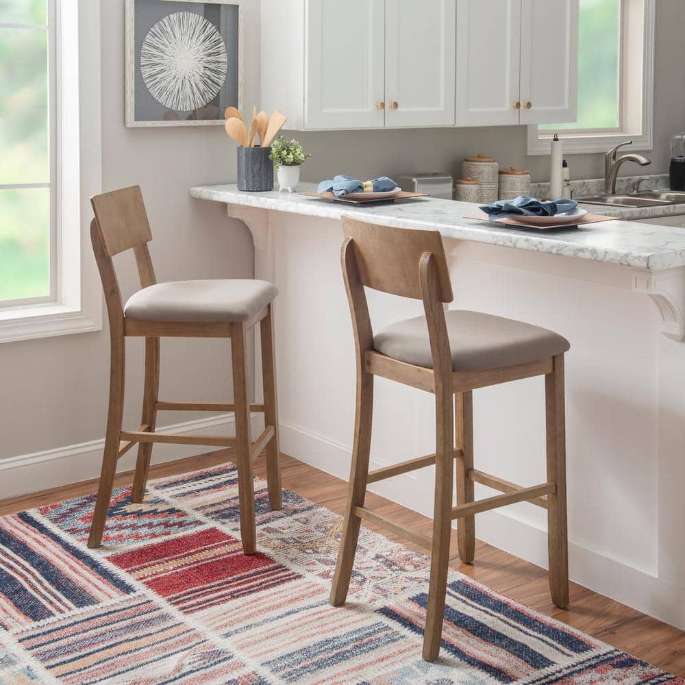 Rustic Gray Wash 46" Acacia Wood Bar Stool with Light Gray Linen Cushion