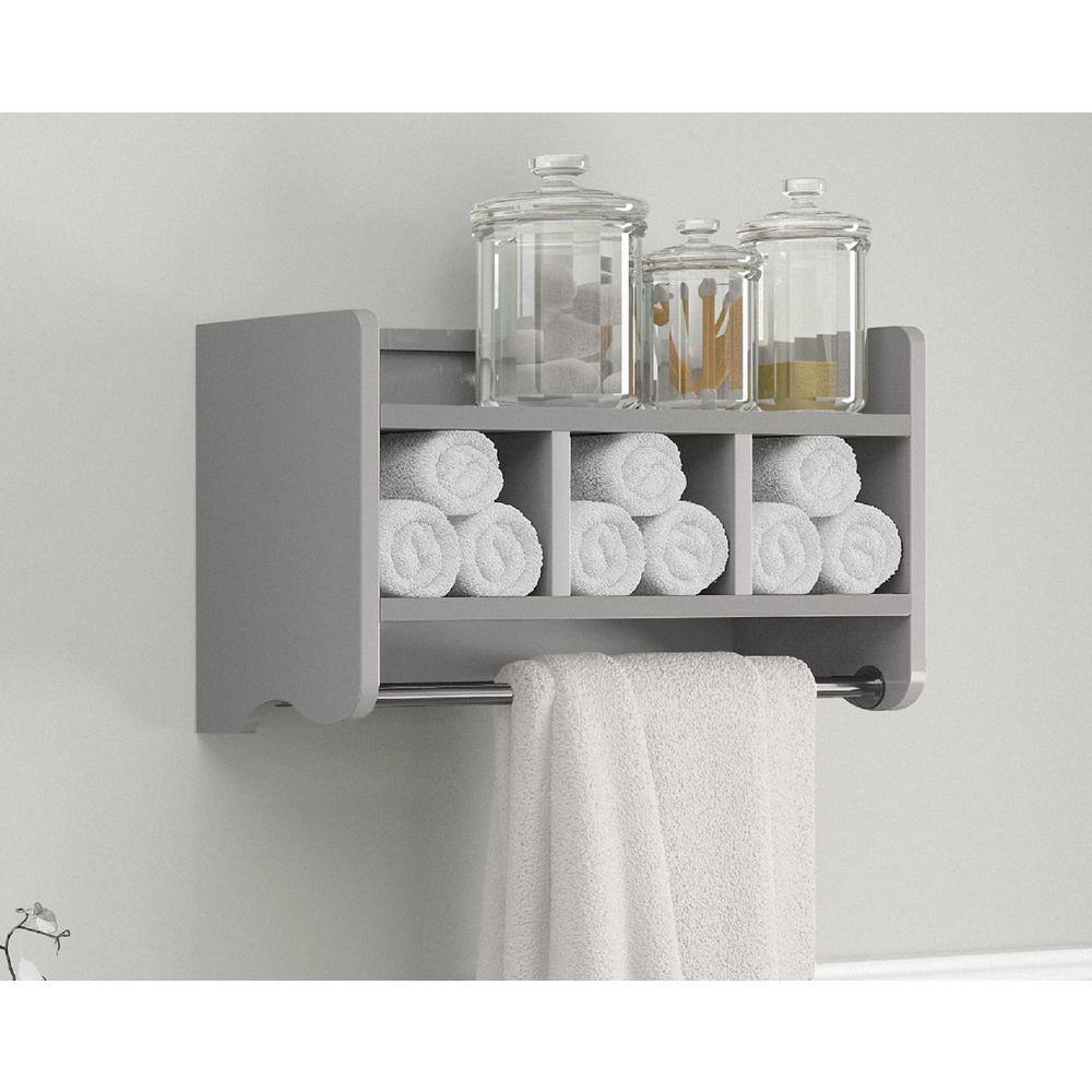 Gray Wood 25" Wall-Mounted Bath Storage Shelf with Dual Towel Rods