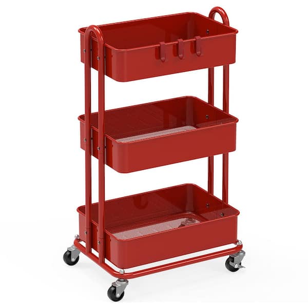 3-Tier Metal -Wheeled Utility Cart in Red